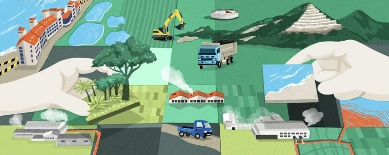 An illustrative scene: Excavators are digging into a mountain, factories are belching white smoke and discharging wastewater onto farmland, and a hotel has been built on the beach. A pair of hands is placing the forest and the coastline back onto the land.