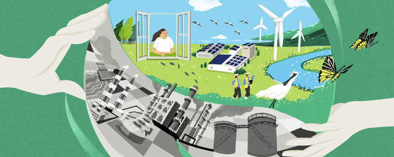 A pair of hands holds a ball; beneath it lies a gray industrial zone filled with smokestacks, while above, a girl smiles as she gazes out the window at solar panels, wind turbines, and rare birds and butterflies.