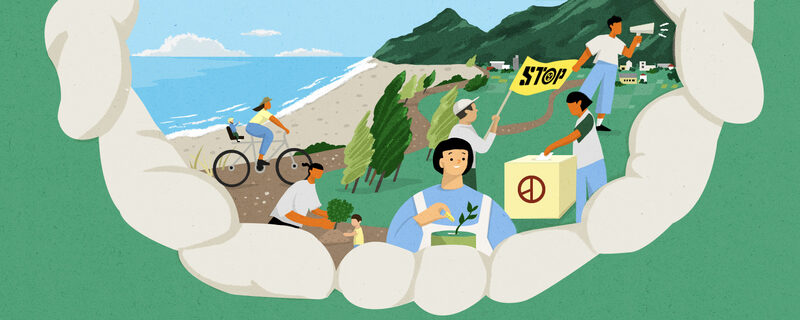 Illustrative image: A pair of hands cradling a beautiful seaside scene featuring distant mountains; a mother riding a bicycle with a child; people holding up an anti-nuclear banner while speaking out; a person casting a ballot into a ballot box; a person planting a seed.